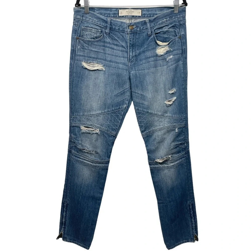 Abercrombie & Fitch Distressed Ankle Zip Moto Denim Blue Jeans Waist 30